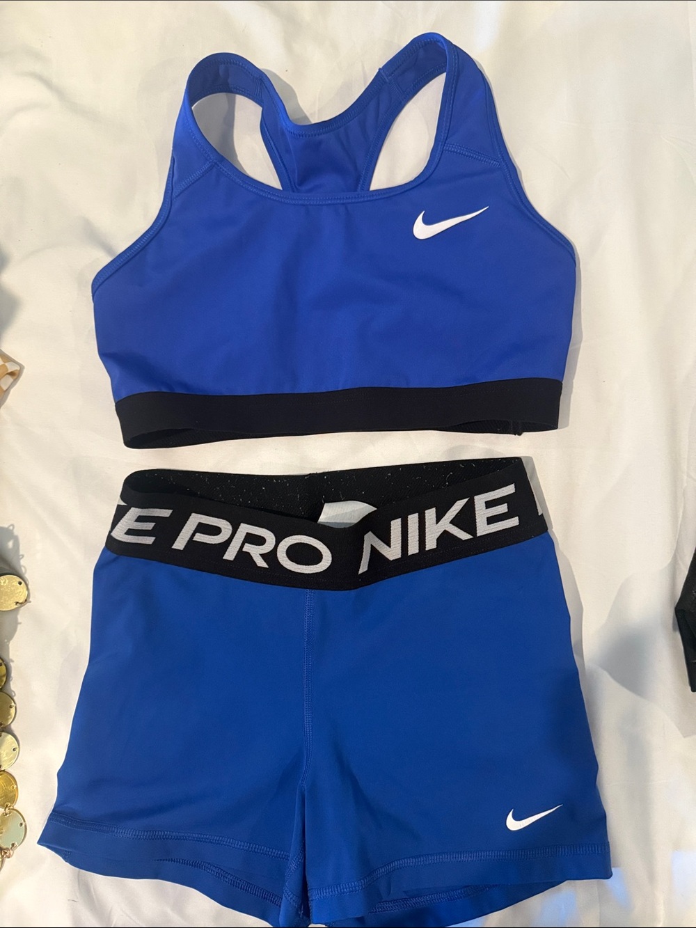 Nike Blue Sports Bra and Shorts Set with Black Waistband